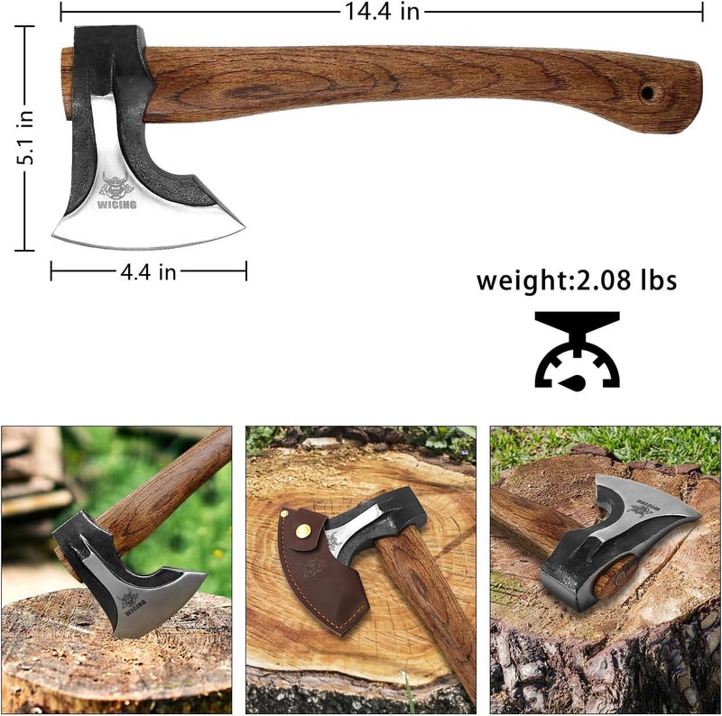 WICING Camping Hatchet, 14.2-inch Splitting Axe with Leather Sheath, Chopping Axe 1065 High Manganese Steel and Hickory Handle - Image 2